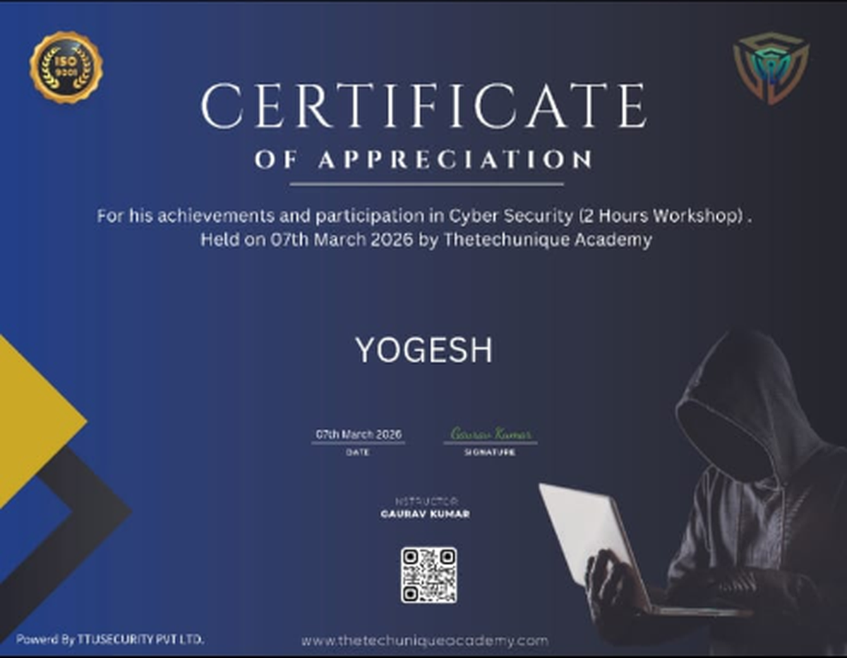 Cyber Security Workshop Certificate - Yogesh
